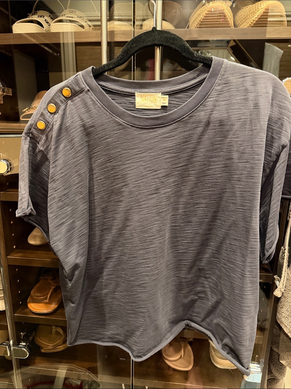 Nation LTD Slate Blue Short Sleeve Top with Gold Shoulder Buttons